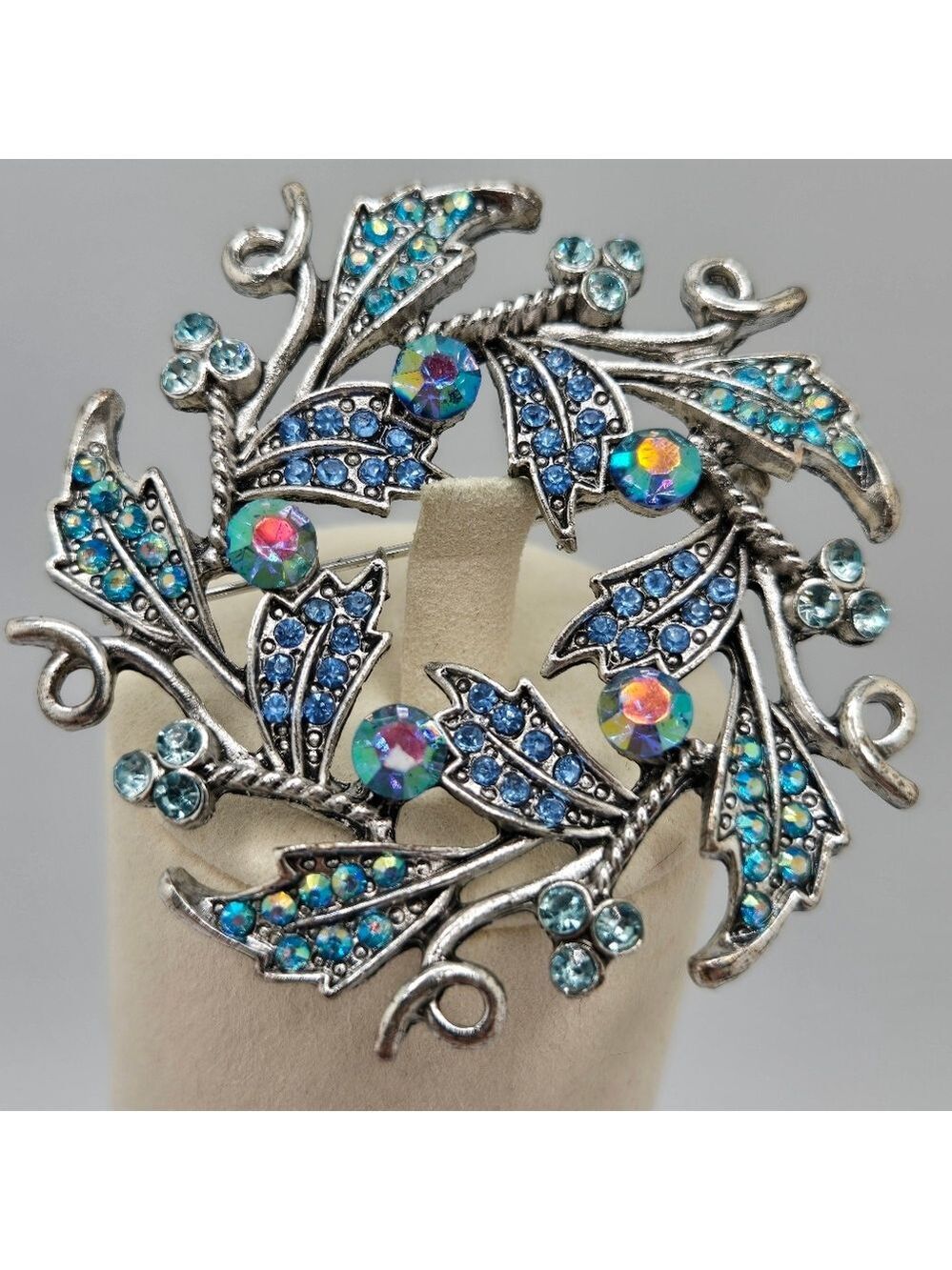 Sapphire Blue Peacock Aurora Borealus AB Rhinestone Leaf Round Wreath Brooch Pin